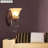 Vintage Frosted Glass Wall Sconce In Red Brown With Carved Backplate - Bedroom 1/2-Bulb Light