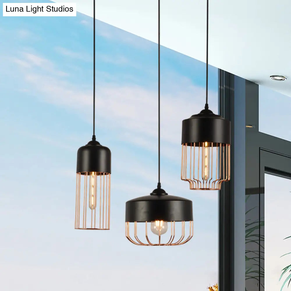 Vintage Geometric Cage Pendant Light - Antique 1-Light Fixture For Dining Room Black