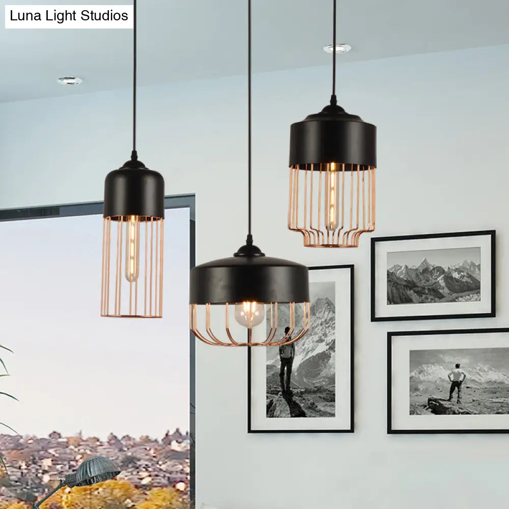 Vintage Geometric Cage Pendant Light - Antique 1-Light Fixture For Dining Room Black