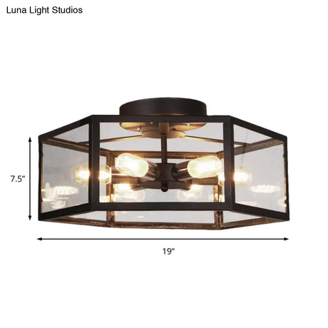 Vintage Geometric Clear Glass Ceiling Light With 6 Bulbs - Black Semi Flush Mount For Kitchen