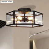 Vintage Geometric Clear Glass Ceiling Light With 6 Bulbs - Black Semi Flush Mount For Kitchen