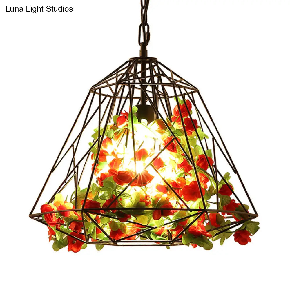 Antique Geometric Pendant Ceiling Light - Metal Led Flower Suspension Lamp In Black