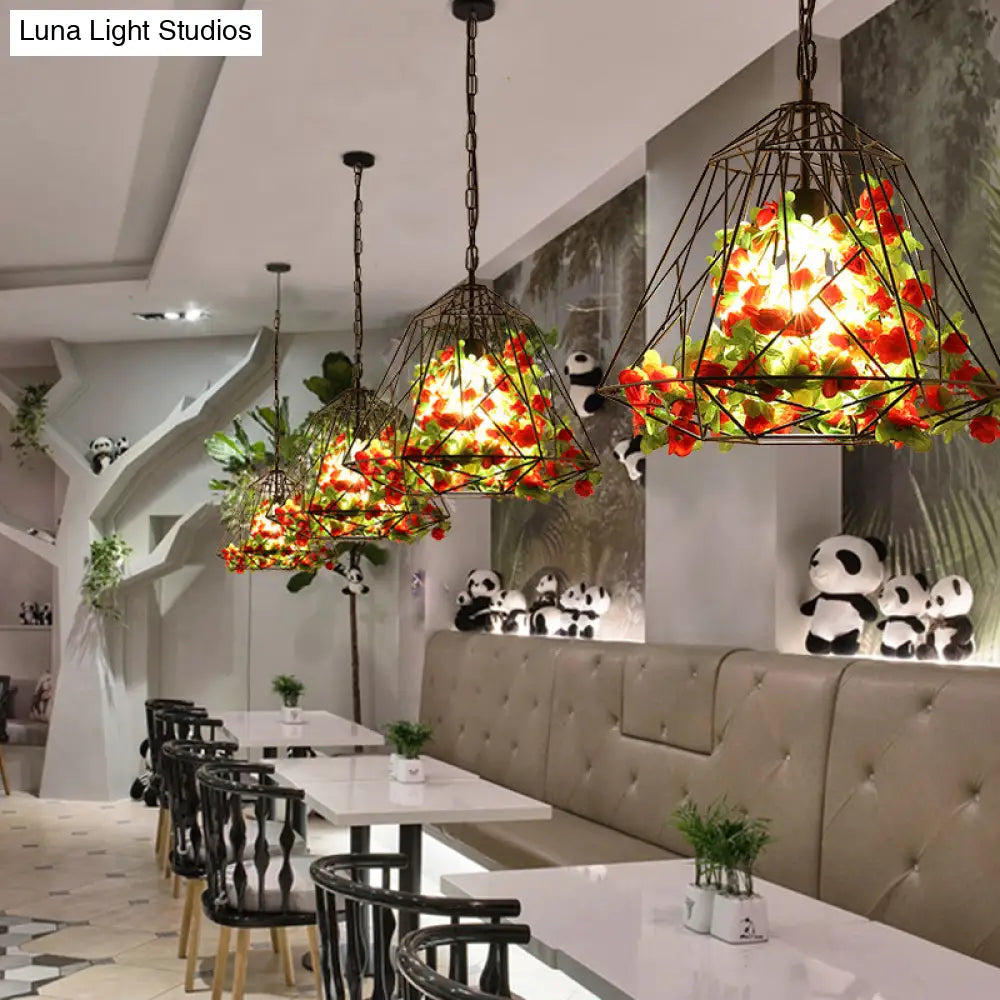 Antique Geometric Pendant Ceiling Light - Metal Led Flower Suspension Lamp In Black