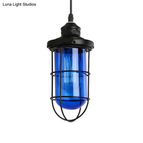 Vintage Glass Caged Pendant Light In Black - Single-Bulb Hanging Ceiling Fixture For Living Room