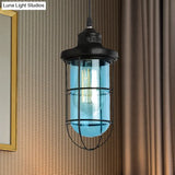 Vintage Glass Caged Pendant Light In Black - Single-Bulb Hanging Ceiling Fixture For Living Room