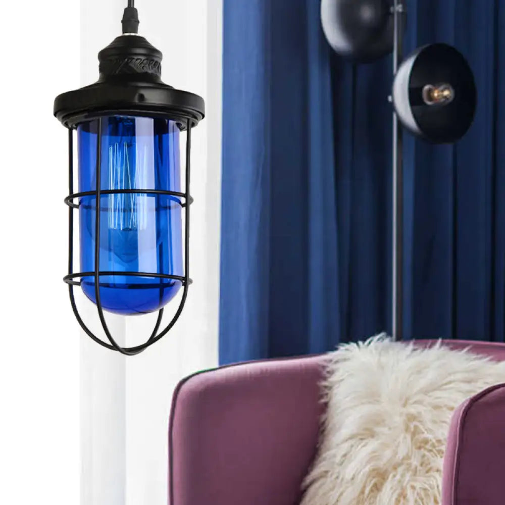 Vintage Glass Caged Pendant Light In Black - Single-Bulb Hanging Ceiling Fixture For Living Room