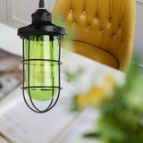 Vintage Glass Caged Pendant Light In Black - Single-Bulb Hanging Ceiling Fixture For Living Room