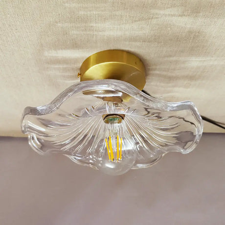 Vintage Glass Ceiling Light With Brass Lamp Holder - Corridor Lighting Fixture / Scalloped