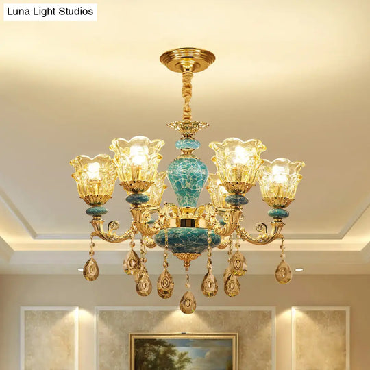 Vintage Glass Chandelier Pendant Light With Flared Ruffle Design And Hanging Crystal In Gold -