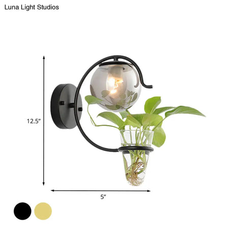 Vintage Glass Orb Sconce: Cream/Smoke Gray 1-Bulb Bedroom Wall Lamp In Black/Gold With C-Shaped Arm