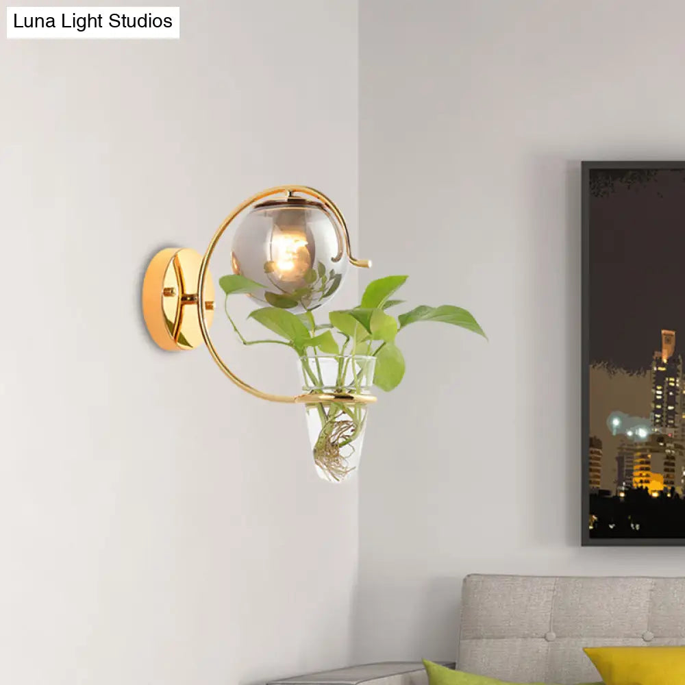 Vintage Glass Orb Sconce: Cream/Smoke Gray 1-Bulb Bedroom Wall Lamp In Black/Gold With C-Shaped Arm