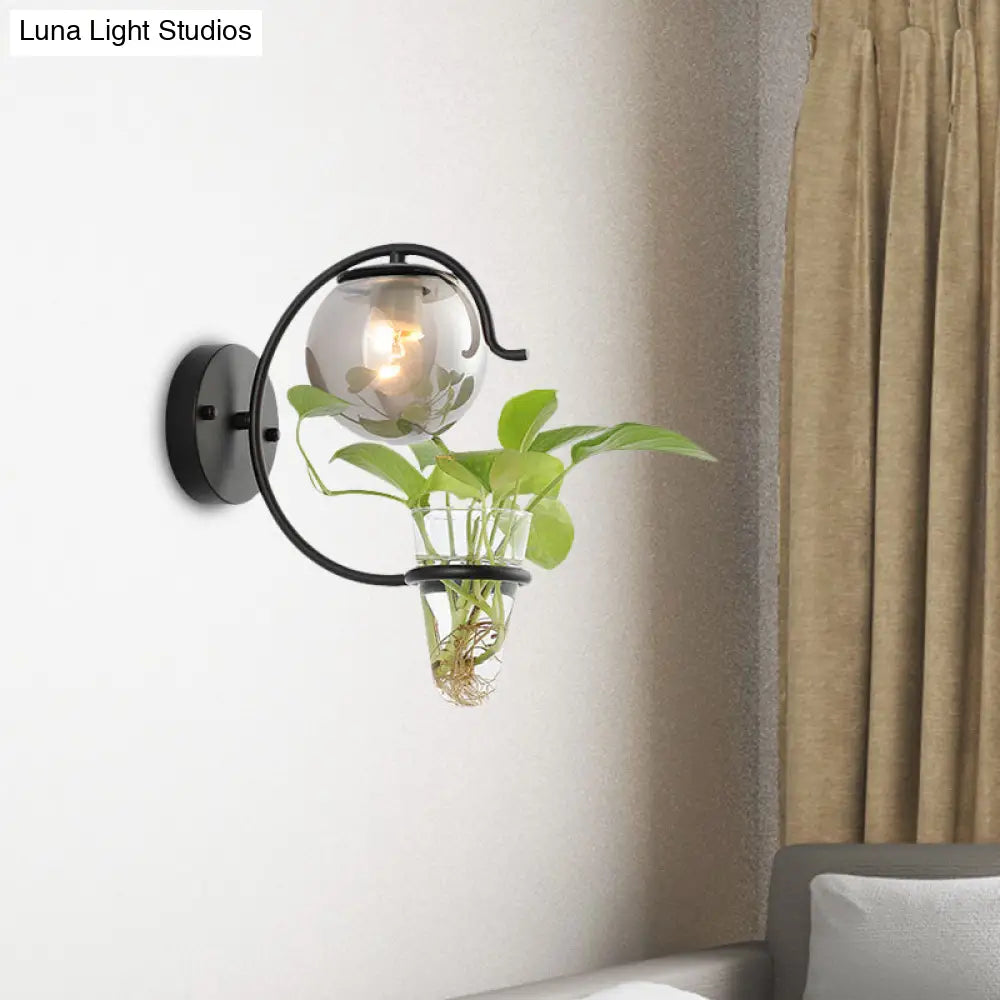 Vintage Glass Orb Sconce: Cream/Smoke Gray 1-Bulb Bedroom Wall Lamp In Black/Gold With C-Shaped Arm