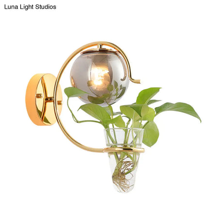 Vintage Glass Orb Sconce: Cream/Smoke Gray 1-Bulb Bedroom Wall Lamp In Black/Gold With C-Shaped Arm