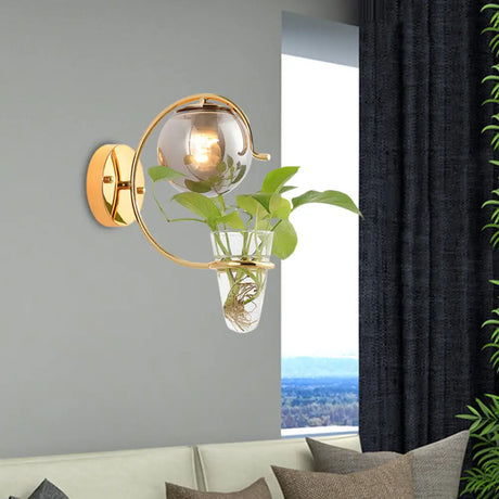 Vintage Glass Orb Sconce: Cream/Smoke Gray 1-Bulb Bedroom Wall Lamp In Black/Gold With C-Shaped Arm