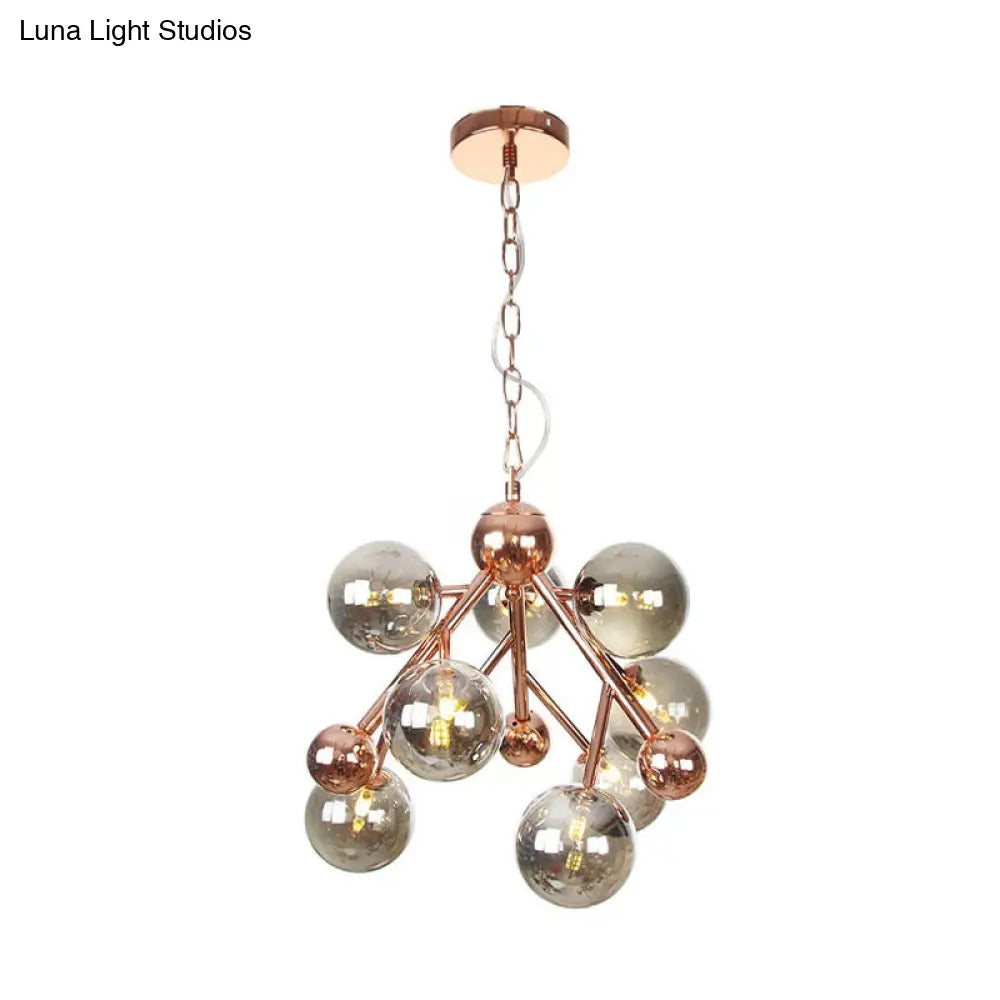 Vintage Glass Pendant Chandelier - 9 Globe Lights In Clear Amber & Smoke Gray For Indoor Lighting