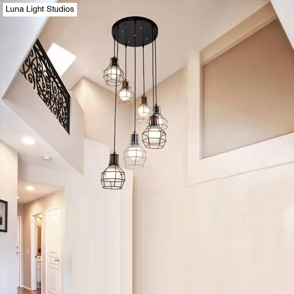 Vintage Global Cage Shade Pendant Lighting With Metallic Finish - 3/7 Heads Hanging Lamp In Black