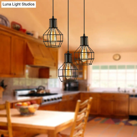 Vintage Metallic Pendant Lighting With Global Cage Shade - 3/7 Heads Hanging Lamp Black 3 /