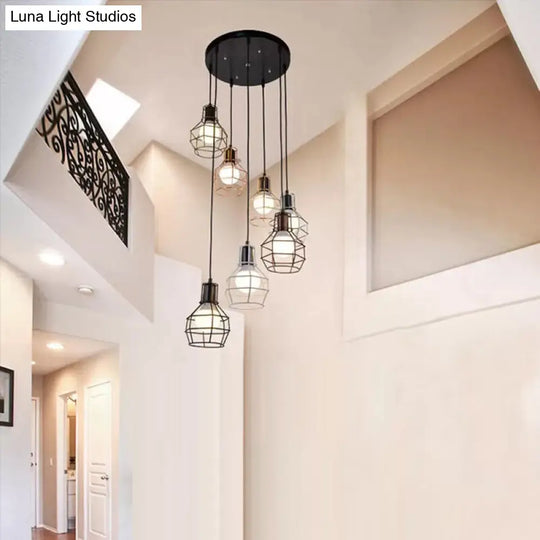 Vintage Metallic Pendant Lighting With Global Cage Shade - 3/7 Heads Hanging Lamp Black