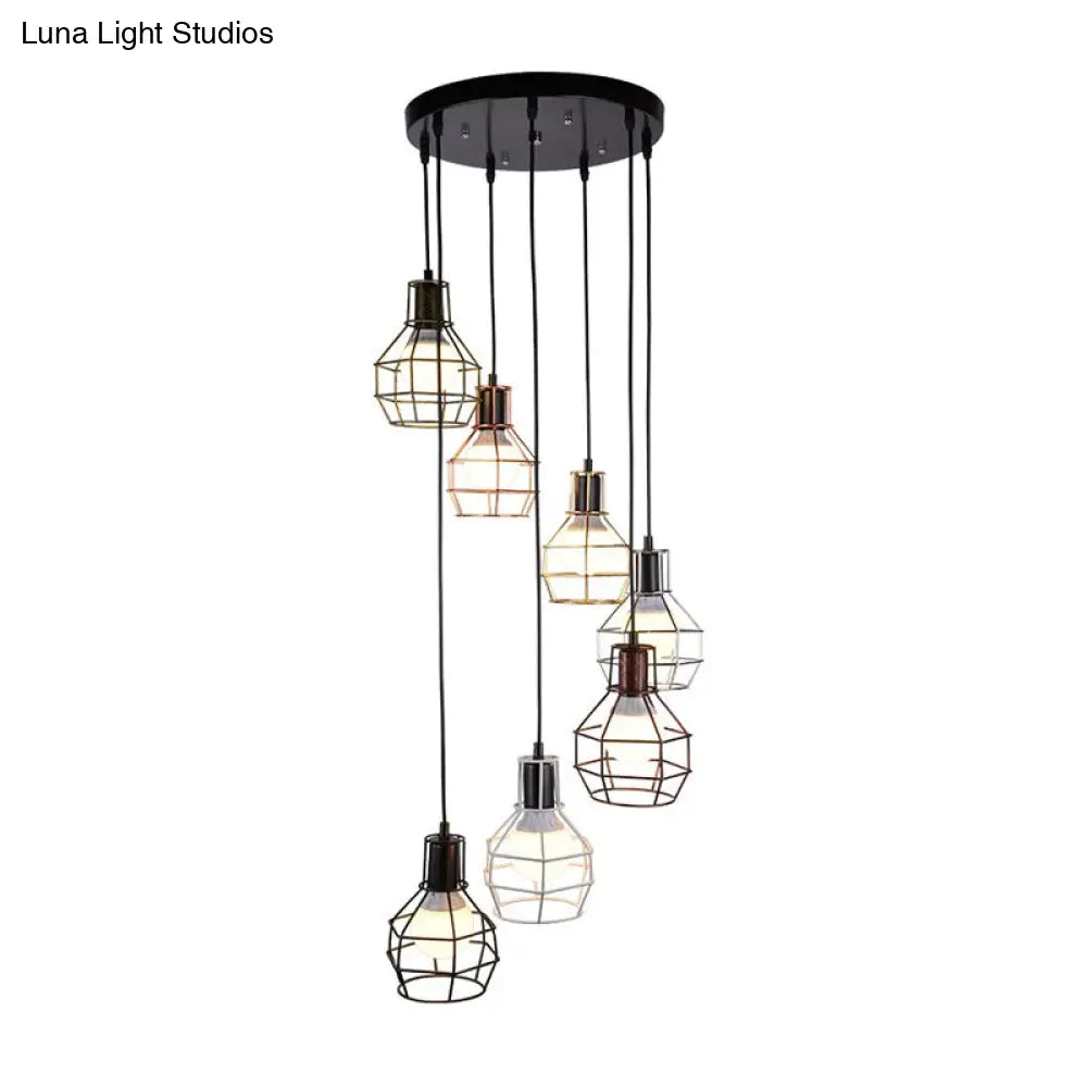 Vintage Metallic Pendant Lighting With Global Cage Shade - 3/7 Heads Hanging Lamp Black