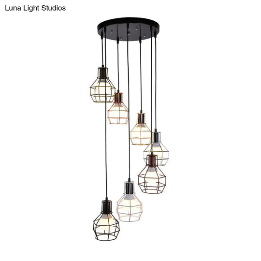 Vintage Metallic Pendant Lighting With Global Cage Shade - 3/7 Heads Hanging Lamp Black