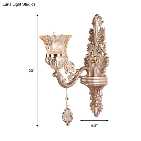 Vintage Gold Bell Wall Sconce Light Fixture With Clear Glass Shade And Crystal Decoration