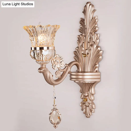 Vintage Gold Bell Wall Sconce Light Fixture With Clear Glass Shade And Crystal Decoration