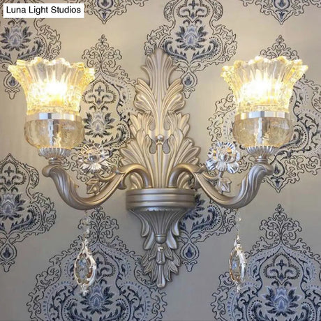 Vintage Gold Bell Wall Sconce Light Fixture With Clear Glass Shade And Crystal Decoration
