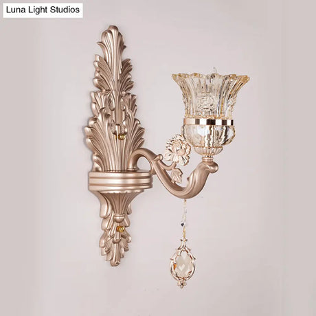 Vintage Gold Bell Wall Sconce Light Fixture With Clear Glass Shade And Crystal Decoration