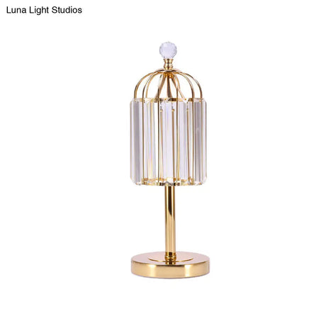 Vintage Gold Cage Top Led Night Lamp With Crystal Prism For Bedroom