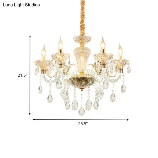 Vintage Gold Candelabra Crystal Chandelier - 6 Lights Clear Glass Shade Dining Room Pendant