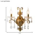 Vintage Gold Candle Wall Sconce With Crystal Draping - Elegant 1/2 Light Metal Fixture For Living