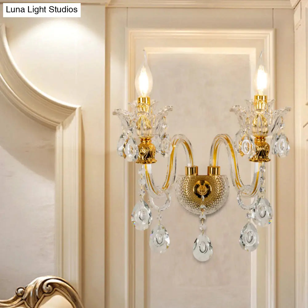 Vintage Gold Clear Glass Wall Lamp - Candle Style Sconce With Undulated Arm