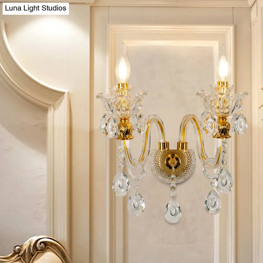 Vintage Gold Clear Glass Wall Lamp - Candle Style Sconce With Undulated Arm