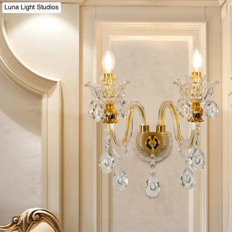 Vintage Gold Clear Glass Wall Lamp - Candle Style Sconce With Undulated Arm