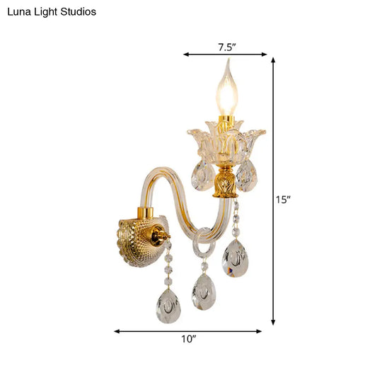 Vintage Gold Clear Glass Wall Lamp - Candle Style Sconce With Undulated Arm