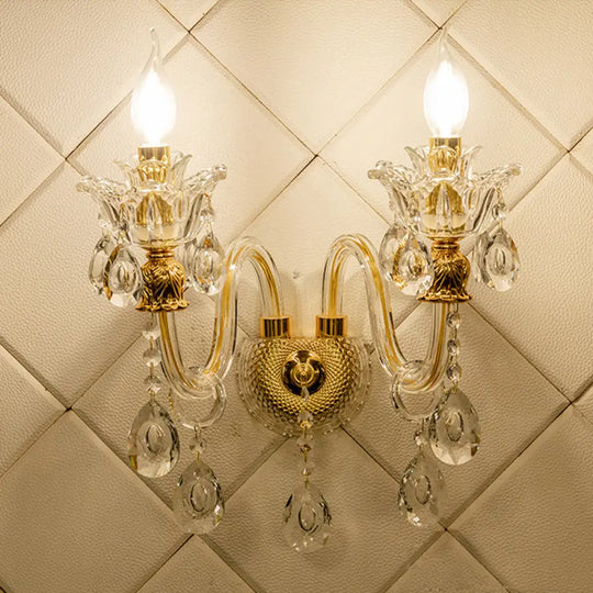 Vintage Gold Clear Glass Wall Lamp - Candle Style Sconce With Undulated Arm 2 /