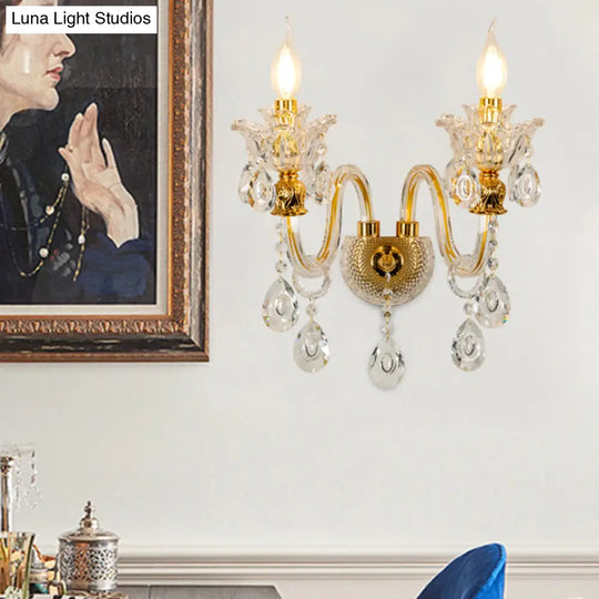 Vintage Gold Clear Glass Wall Lamp - Candle Style Sconce With Undulated Arm