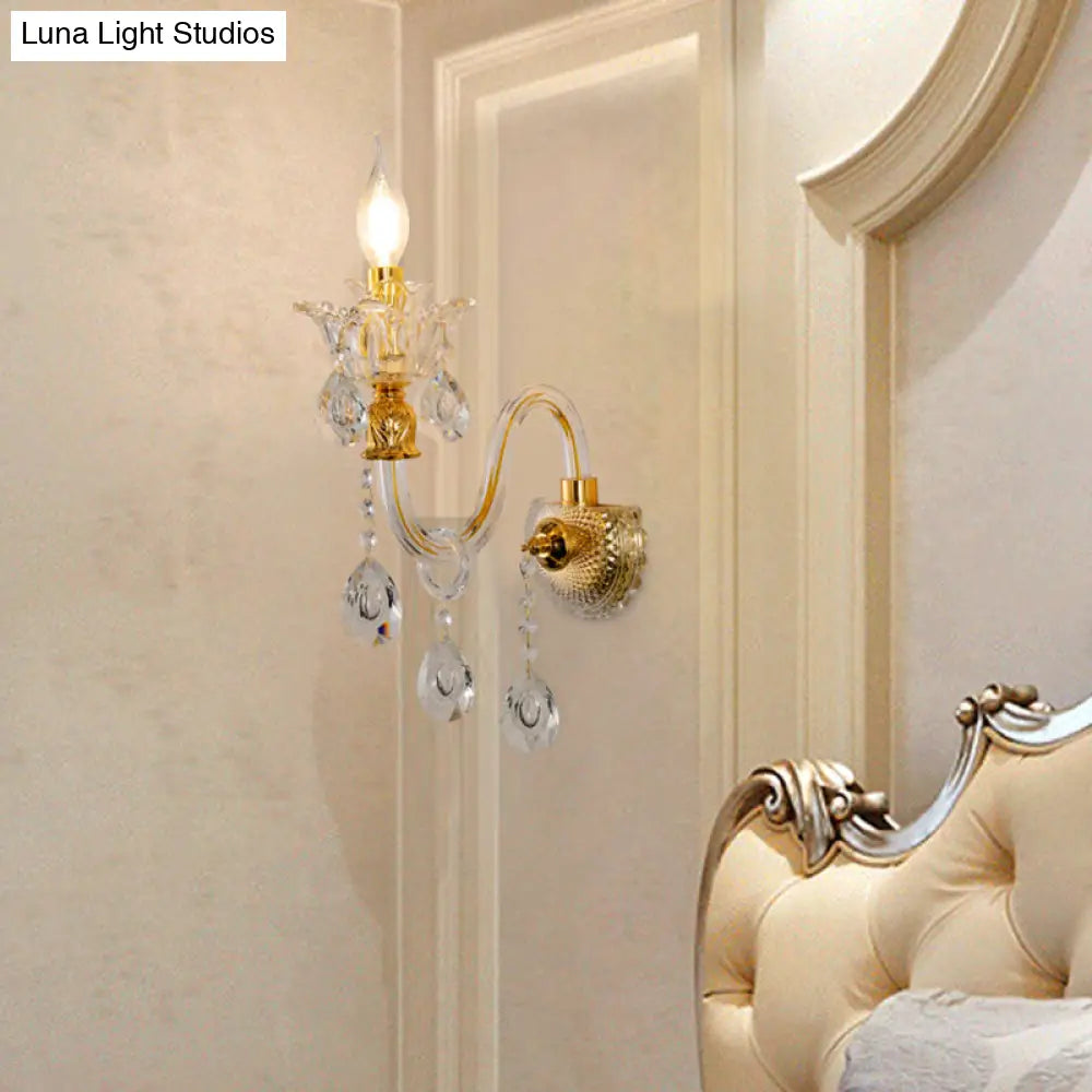 Vintage Gold Clear Glass Wall Lamp - Candle Style Sconce With Undulated Arm