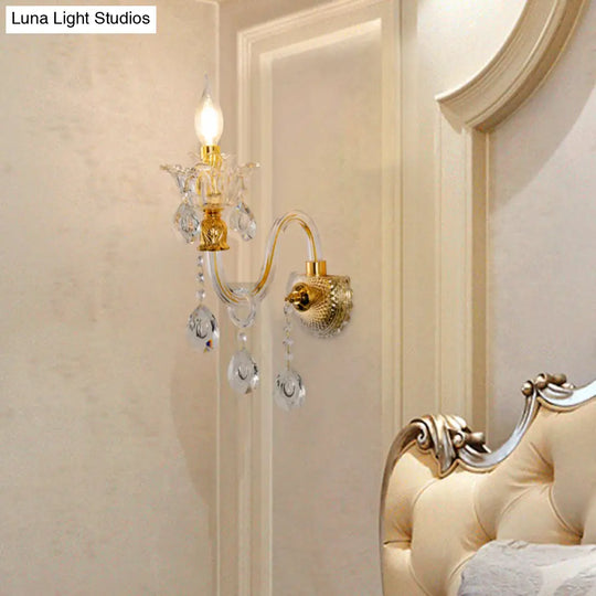 Vintage Gold Clear Glass Wall Lamp - Candle Style Sconce With Undulated Arm