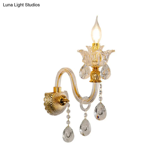 Vintage Gold Clear Glass Wall Lamp - Candle Style Sconce With Undulated Arm
