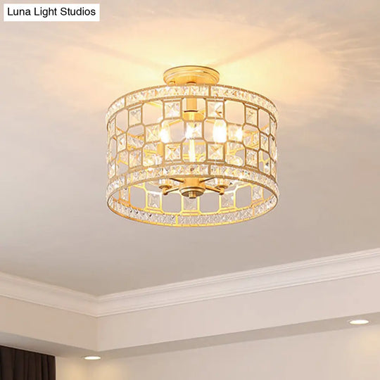 Vintage Gold Crystal Semi Flush Ceiling Light - Hollowed Drum Design 3/4 Heads Embedded Fixtures 4 /