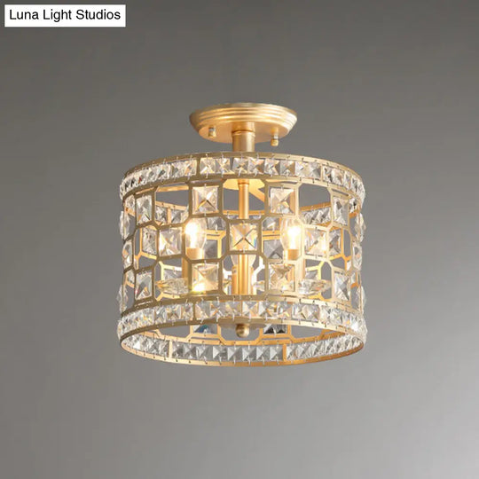 Vintage Gold Crystal Semi Flush Ceiling Light - Hollowed Drum Design 3/4 Heads Embedded Fixtures