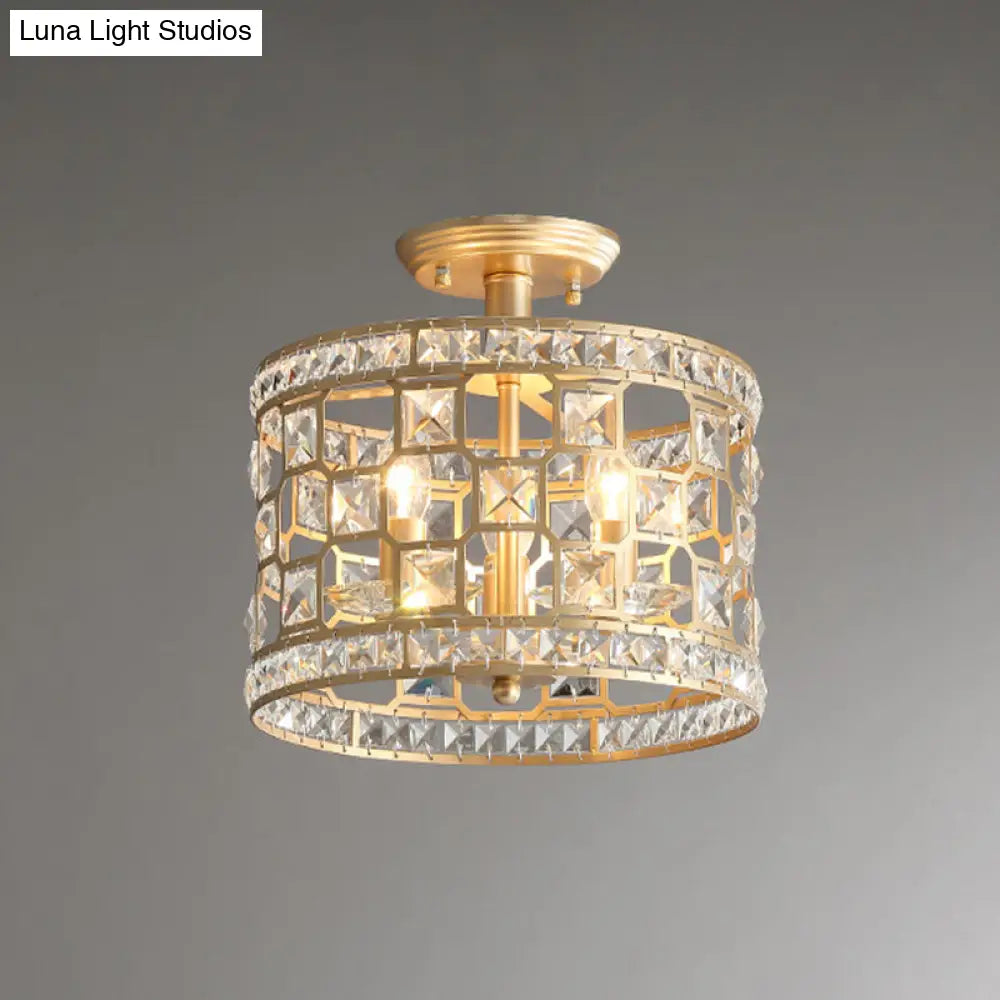 Vintage Gold Crystal Semi Flush Ceiling Light - Hollowed Drum Design 3/4 Heads Embedded Fixtures