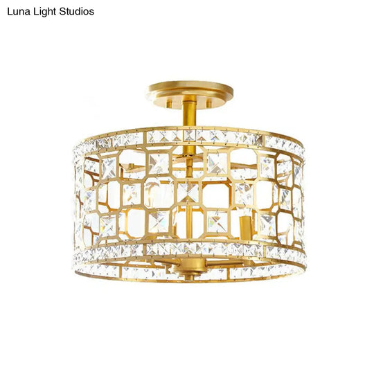 Vintage Gold Crystal Semi Flush Ceiling Light - Hollowed Drum Design 3/4 Heads Embedded Fixtures