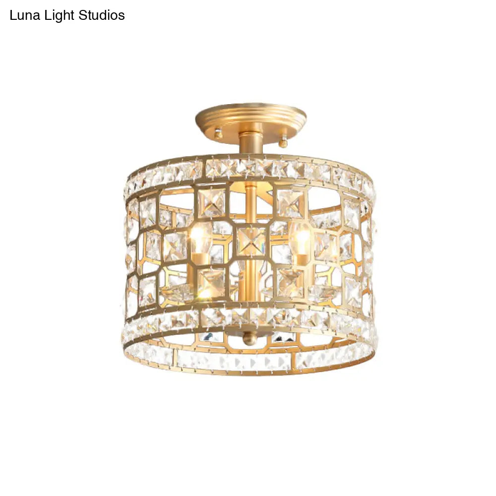 Vintage Gold Crystal Semi Flush Ceiling Light - Hollowed Drum Design 3/4 Heads Embedded Fixtures
