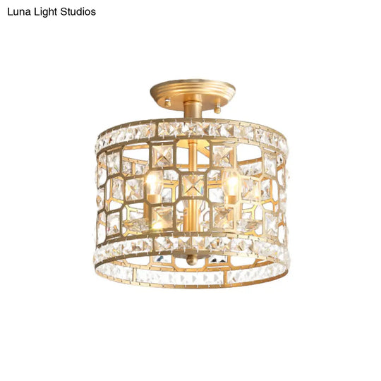 Vintage Gold Crystal Semi Flush Ceiling Light - Hollowed Drum Design 3/4 Heads Embedded Fixtures