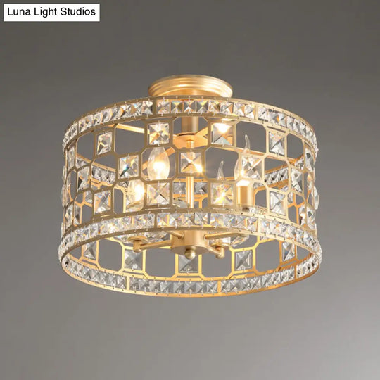 Vintage Gold Crystal Semi Flush Ceiling Light - Hollowed Drum Design 3/4 Heads Embedded Fixtures