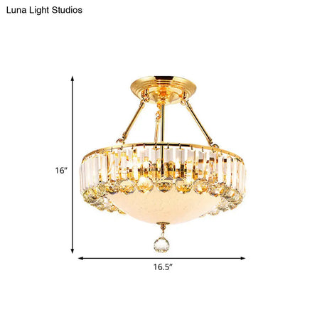 Vintage Gold Drum Semi Mount Lighting With Crystal Accents And Milk Glass Diffuser
