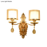 Vintage Gold Finish Cylinder Sconce Light: Metal Wall Fixture With Double Glass Shade And Crystal