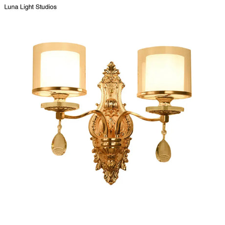 Vintage Gold Finish Cylinder Sconce Light: Metal Wall Fixture With Double Glass Shade And Crystal